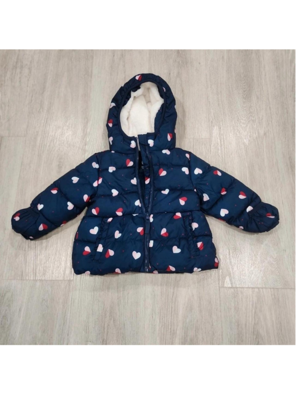 Wonder Nation navy blue puffer jacket with white and red hearts, size 12 months